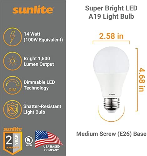 Суперяркая крушка Sunlite 41784 LED A19, с регулируема яркост 14 W (еквивалент на 100 Вата), 1500 Лумена,