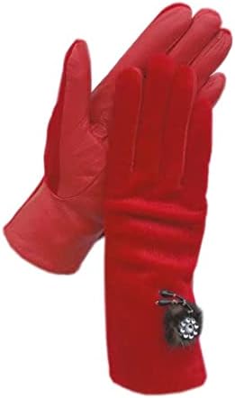 N/A Зимни Кожени Ръкавици на китката, Червени дамски Топли ръкавици AB, Есенни ръкавици за шофиране на руното лигавицата (Цвят: