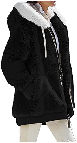 Дамски зимни 2022 пухкави руно с качулка цвят блок мозайка палто, жилетка горна дреха с джобове