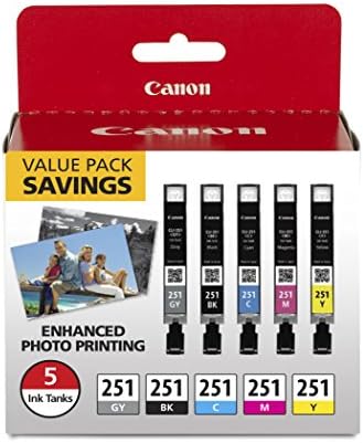 Canon CLI-251 BK/ C/ M/ Y/GY 5 Color Value Pack е Съвместим с черно мастило MG7520, MG5620, MG6620 и PGI-250 (PGI-250BK).