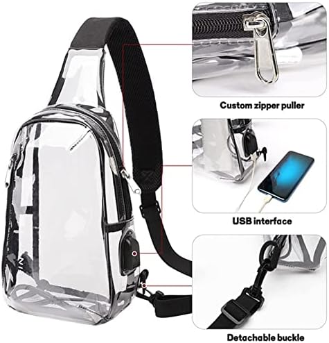 Прозрачната чанта-прашка от PVC, Одобрен от Стадион Мини-Раница През рамо, Прозрачен Гърдите Раница с USB зареждане,