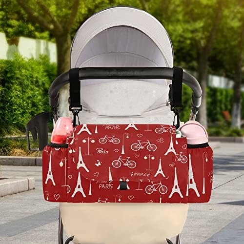 visesunny Органайзер за детска количка с Айфеловата кула, Чанта за аксесоари за колички с червен дизайн, Голямо пространство