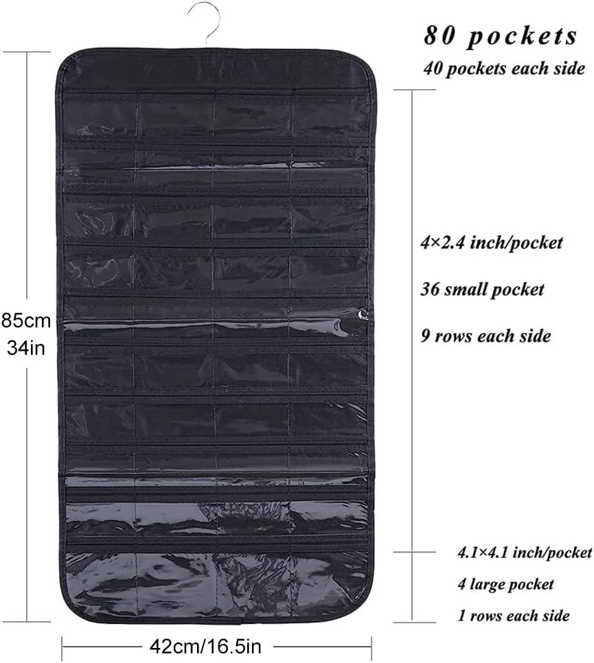 XVIEWDEX Висящ Органайзер за бижута (80 Прозрачни джобове)-85 x 42 см, Двустранен Органайзер за Закачалки с