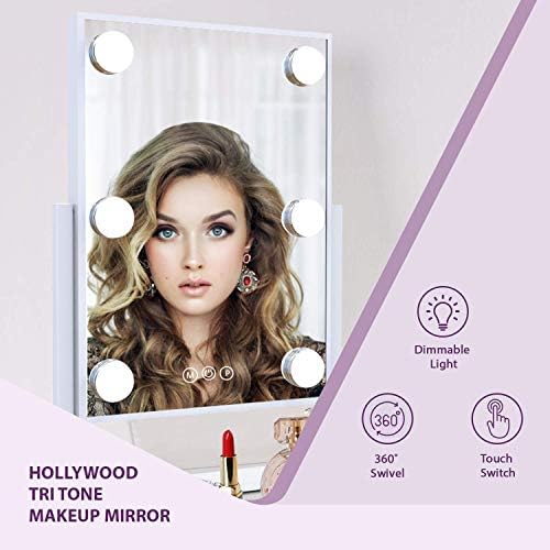 Трикольор огледало за грим Импресии на Vanity Hollywood с 6 led светлини, Тоалетен огледало със завъртане на 360 градуса