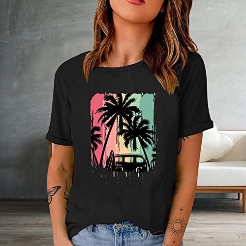 Тениска за Момичета Лято Есен С Къс Ръкав и Деколте Лодка Памук Графичен Плажен Топ Тениска за Жени 9D 9D