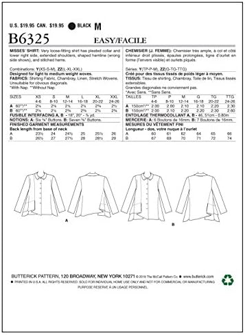 Ризи с плиссированным яка и Асиметрични подолом BUTTERICK PATTERNS B6325 Misses, Y (X-Small-Малки-Средно)