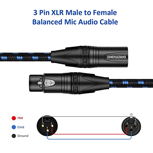 Аудио кабел за микрофон DREMAKE с дължина 20 фута - Балансиран кабел-змия от XLR кXLR-Кабели -XLR 3-Пинов кабел за микрофон от мъжа към жената и от черно, Синьо Твида - 20-инчов XLR