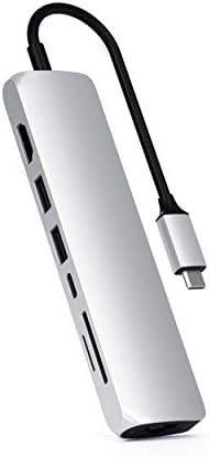 Многопортовый адаптер Satechi USB C с Тънък Ethernet, 4K, HDMI, зареждане PD чрез USB C мощност 60 W, 2 устройства, четец