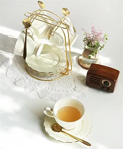 Комплект чаени чаши и блюдец от 6 броя (5,7 унции), Луксозен Комплект Чаши за чай и кафе в британския стил със златна декорация, Чаши за Кафе с Издигната печат на Металн
