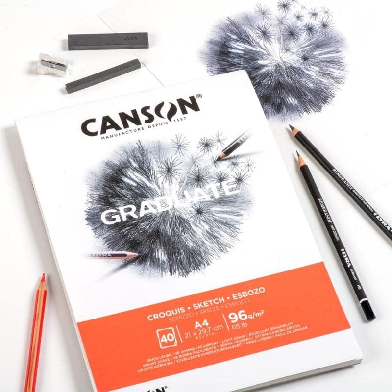 Бележник за скици CANSON Graduate Grain Light 96gsm A5, Къса страна Склеена, 40 Листа от естествен бял цвят,