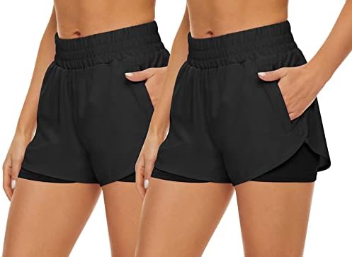 HKJIEVSHOP 2 Опаковки Спортни Къси панталони за жени, бързо съхнещи Шорти за Бягане с Джобове, Спортни Шорти за тренировки във фитнеса с Висока Талия