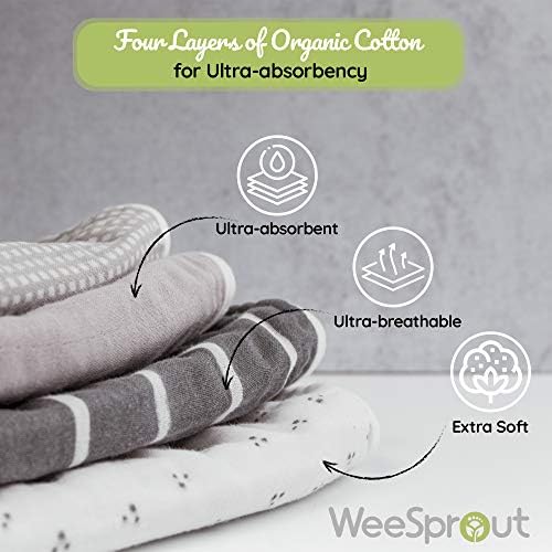 Набор от WeeSprout от 4 салфетки за оригване от органичен памук - Четири ультрапоглощающих слой Запазват дрехите сухи, бутон Превръща салфетка, за оригване На детски лиг