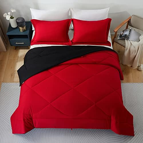 Комплект алтернативен настоящият одеяла beeweed от 3 теми, размер Queen Size, Сезон Заден Комплект Чаршафи, одеяла с 2 Наволочками (червен / черен)