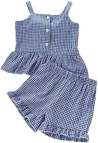 Xbgqasu/ Облекло за бебета, тениска в клетката копчета без ръкави с волани за малки момичета, Блузи, къси Панталони с лък,