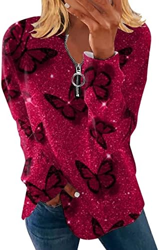 KCJGIKPOK Дамска Мода 1/4 Hoody с цип Ежедневни джоб С V Образно деколте Пуловер с дълъг Ръкав в Свободна Блуза, Блузи