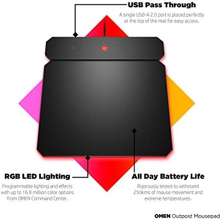Геймърска подложка за мишка OMEN by HP Outpost с безжично зареждане Qi, адаптивни RGB и порт USB-A 2.0, (6CM14AA),