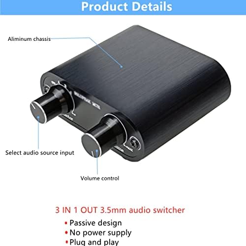 Аудиопереключатель SXYLTNX 3,5 мм с водачи за регулатор на силата на звука, 3 в 1 От 1/8 aux switcher, Блок за