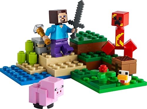 Конструктор LEGO Minecraft The пълзящо растение Засада 21177 с фигурки на Стив, Прасе и Пиле, Подарък за деца, Момчета