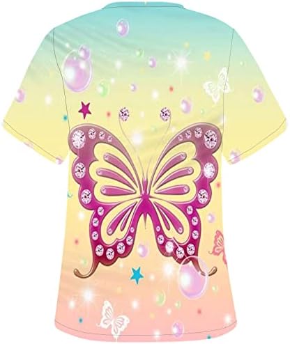 Дамска Тениска-Търкане с принтом пеперуди, Къс Ръкав, V-Образно Деколте, Работни Униформи за медицински сестри, Удобна Блуза,