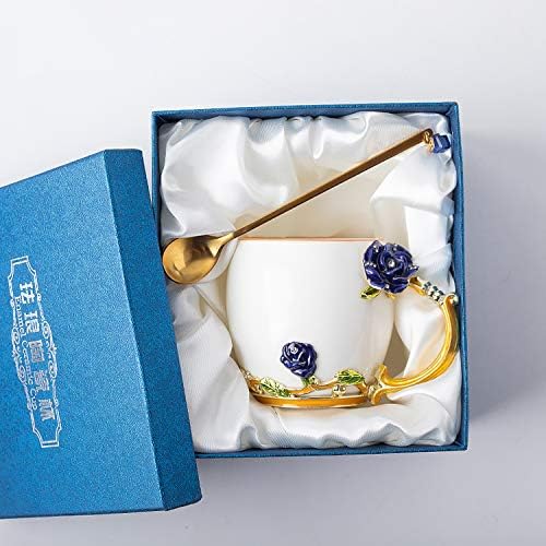 Чаена чаша YIUN Flower, Чашата за Кафе, Керамична чаша с емайл, на Чаша, Эмалированная чаша с лъжица, Пътна Чаша с красива дръжка във формата на цвете, Синя роза, 320 мл.