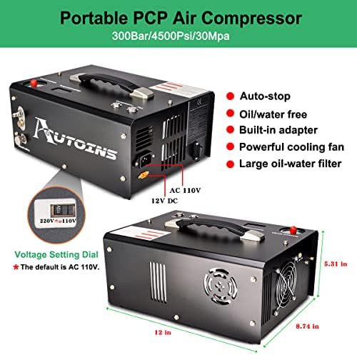 Въздушен компресор AUTOINS PCP, Автоматично изключване 4500 паунда на квадратен инч/30 Mpa Без масло /вода,