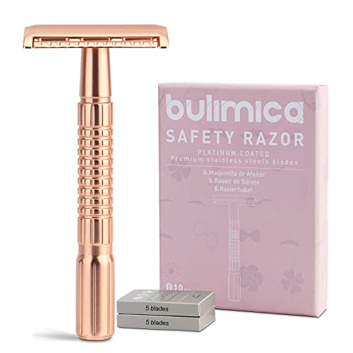 Сигурна бръснач BULIMICA от розово злато за жени, за Многократна употреба метални Самобръсначка за мъже, с 10 Сменяеми остриета