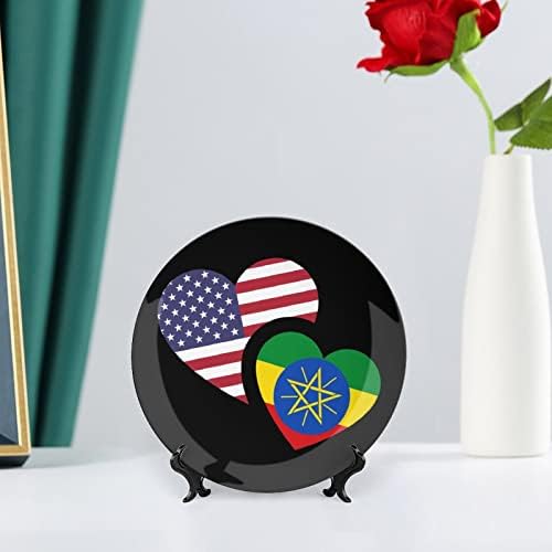 Декоративна Чиния с Флага на САЩ, Етиопия, Кръгли Керамични Плочи с Поставка за вашия Офис, Сватбен Декор