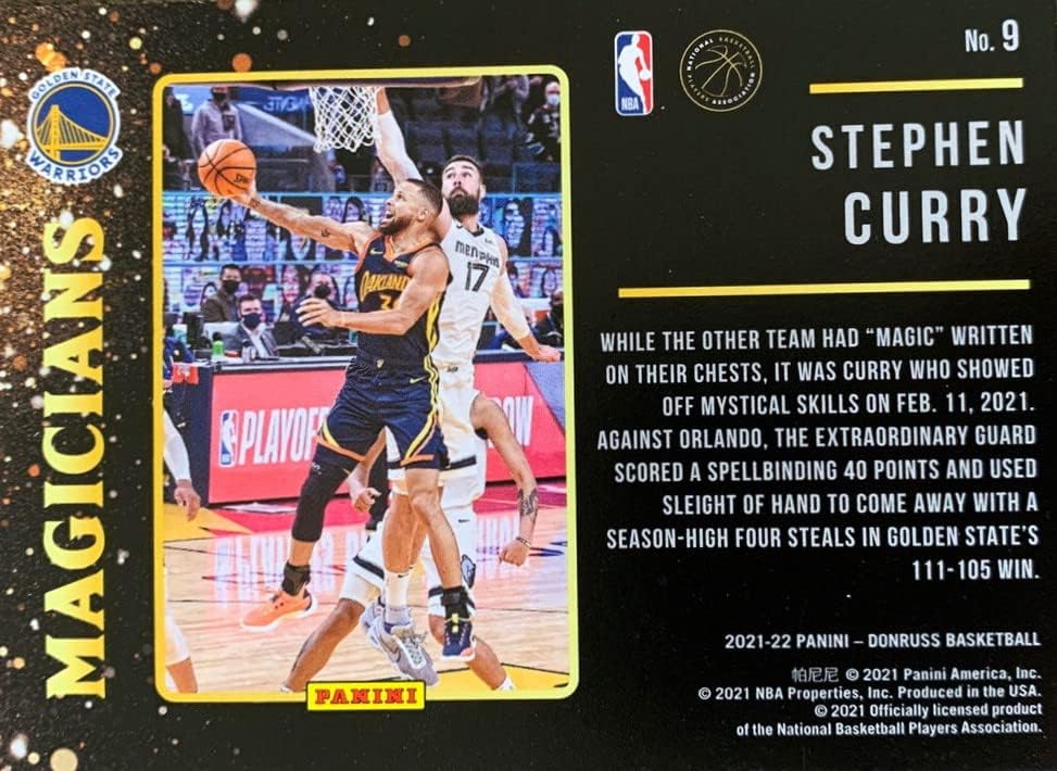 Стивън Къри 2021 2022 Баскетболно серия Donruss MAGICIANS Монетная картичка-притурка № 9, на която той е изобразен в синя