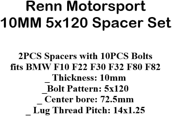 Renn Motorsport Комплект Подложки за колелата 10 ММ 5x120 2 бр. Тампони с 10 бр. Болтове, подходящи за BMW F10 F22 F30 F32 F80 F82