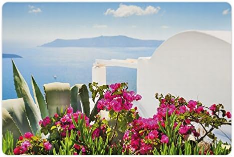 Foldout Пътен подложка за домашни за храна и вода, Живи Цветя в градината с изглед към морето, Почивка на остров Санторини,