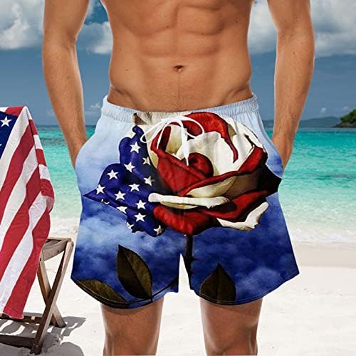 САЩ, 4 юли, Мъжки Летни Плажни Шорти Класически Намаляване с Принтом на Американското върху Плоска Подметка Отпред, Стрейчевые Къси Панталони с Джобове
