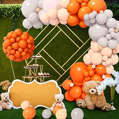 Комплект Orange Арка с Венец от балони, 134 бр., Оранжева Арка от Балони с Кремаво-Персиковым и Матово Светло Сив