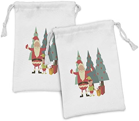 Текстилен калъф Ambesonne Elf, Комплект от 2 теми, Малко джудже на Дядо Коледа и подаръци с Коледни коледни елхи на Заден план, а Малка Чанта за съвсем малък за тоалетни при
