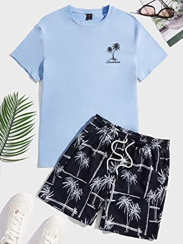 FIOXA / Мъжки облекла от две части, Мъжка тениска с тропически дизайн и писмото шарени и къси панталони с