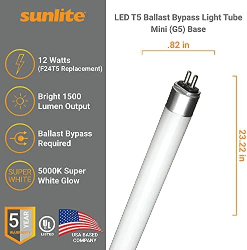 Лампа за игнориране на баласт Sunlite 41202 LED T5 (тип B) 2 крака, 12 W (за замяна на луминесцентни лампи F24T5), 1500 лумена, мини-основа G5, Небьющееся връзка с две крайни точки, посоч
