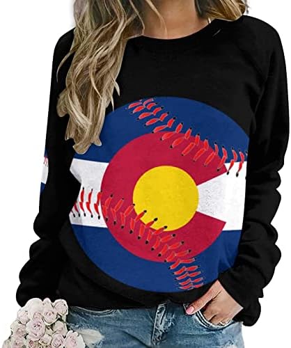 Бейзболна Дамски Hoody с кръгло деколте и Флага на Колорадо, Пуловери с дълги Ръкави, Свободни Топове с кръгло