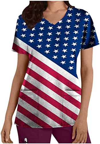 Дамски Блузи на Ден на Независимостта, елегантно облечен Форма на медицинските Сестри с Американския Флаг, Тениска с V-образно деколте, Блузи с Къс Ръкав и Джобове