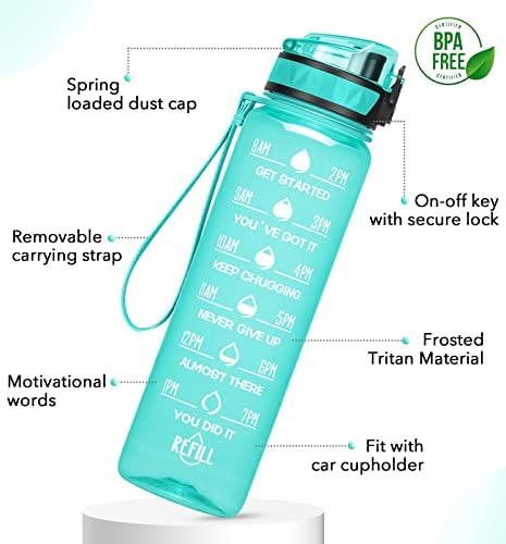 Мотивационни бутилка за вода MEITAGIE 32 грама / 26 грама с марка Време и плодов цедка, запечатани бутилка с каишка за носене, идеални за спорт на открито