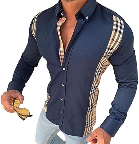 Мъжки Каре Риза в стил мозайка с дълъг ръкав, Ежедневни Ризи с копчета с отложным яка, Бизнес риза, Топ (Син, X-Large)