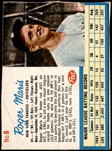 1962 Post Cereal 6 xAD Роджър Maris Ню Йорк Янкис (Бейзболна картичка) (Без реклама на гърба), ДОБРИ Янкис