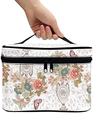 COEQINE Големи Чанти за Грим, козметични чанти за Пътуване, Бежова Чанта с Цип с Пролетта Цветя Модел, Чанти-Тоут