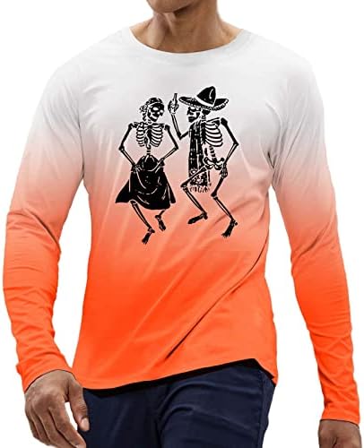 XXBR Мъжки тениски на Хелоуин с дълъг ръкав за Деня на вси Светии, Забавна Тениска с Градиентным принтом Скелета, плътно