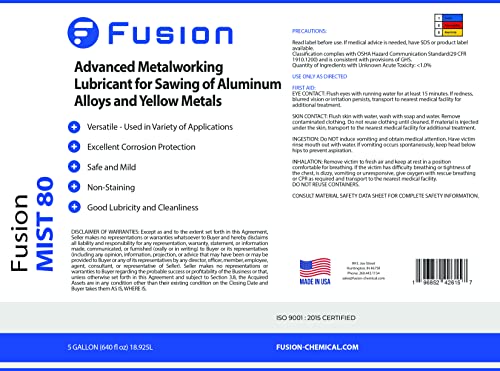 Масло за рязане на MQL | Fusion Mist 80 | Подобрена смазване за обработка на метали за рязане и шлифоване на стан (5 Галона)