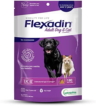Ветохинол Флексадин за подкрепа на тазобедрените стави възрастни кучета и котки с UC-II, добавка за тазобедрените стави, за кучета, Клинично доказани, разработена от