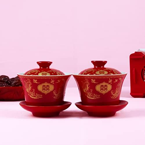KCGANI 1 Двойка от Червената Сватбена Порцелан Чай, Китайска Традиционна Купа с Блюдцем, Керамичен Чайник, супа от супник за церемония, Сватбен Подарък за Рожден Ден, 3,7