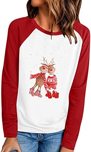 Коледна Hoody за Жени с Хубав Модел Елен, Пуловер с Цветен Блок, Тениска с Кръгло Деколте, Коледни Върховете