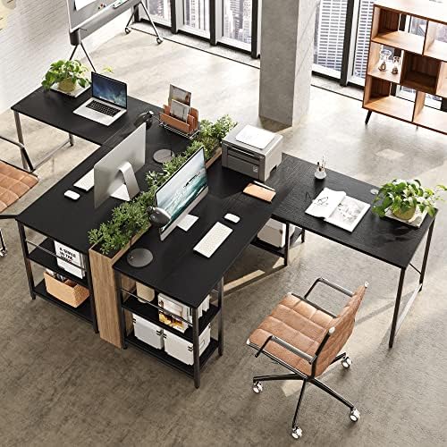 Най-добрият L-образно бюро с рафтове 95,2-инчов Заден кът бюро за Компютър или Дълга маса за 2-ма души за Домашния офис Голяма Детска Работна станция за съхранение на к?