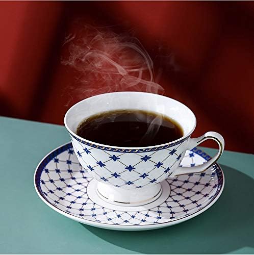 Изящни Порцеланови чаши Чай/Кафе чаши и чинии Porlien с Блестящия звездичка, Комплект от 4 лъжички - 6,7 унции, кралско Синьо с златно покритие