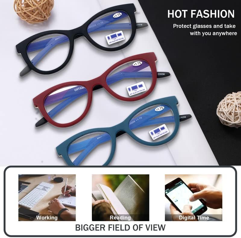 UNTAMID, 3 опаковки на Очила за четене, Нападение от Синя Светлина, за жени, Дизайнерски Рамки Котешко око, Женски