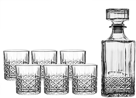 Набор от графинов и чаши за уиски Fifth Avenue Highland | Комплект от 7 теми за алкохол, лепенката, Вино и бърбън | Диспенсер